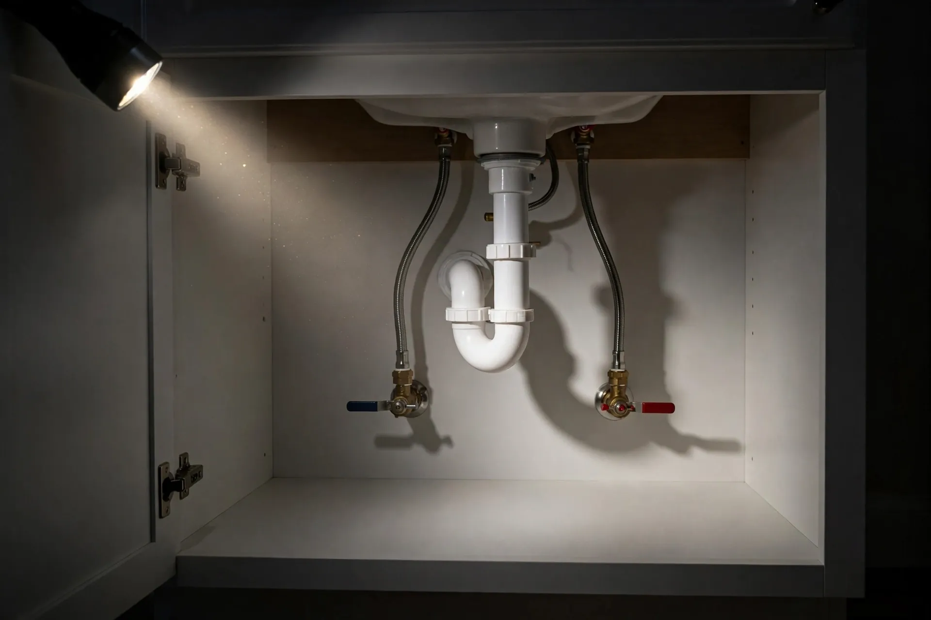 Empty bathroom sink cabinet with a flashlight checking the drain pipe for leaks