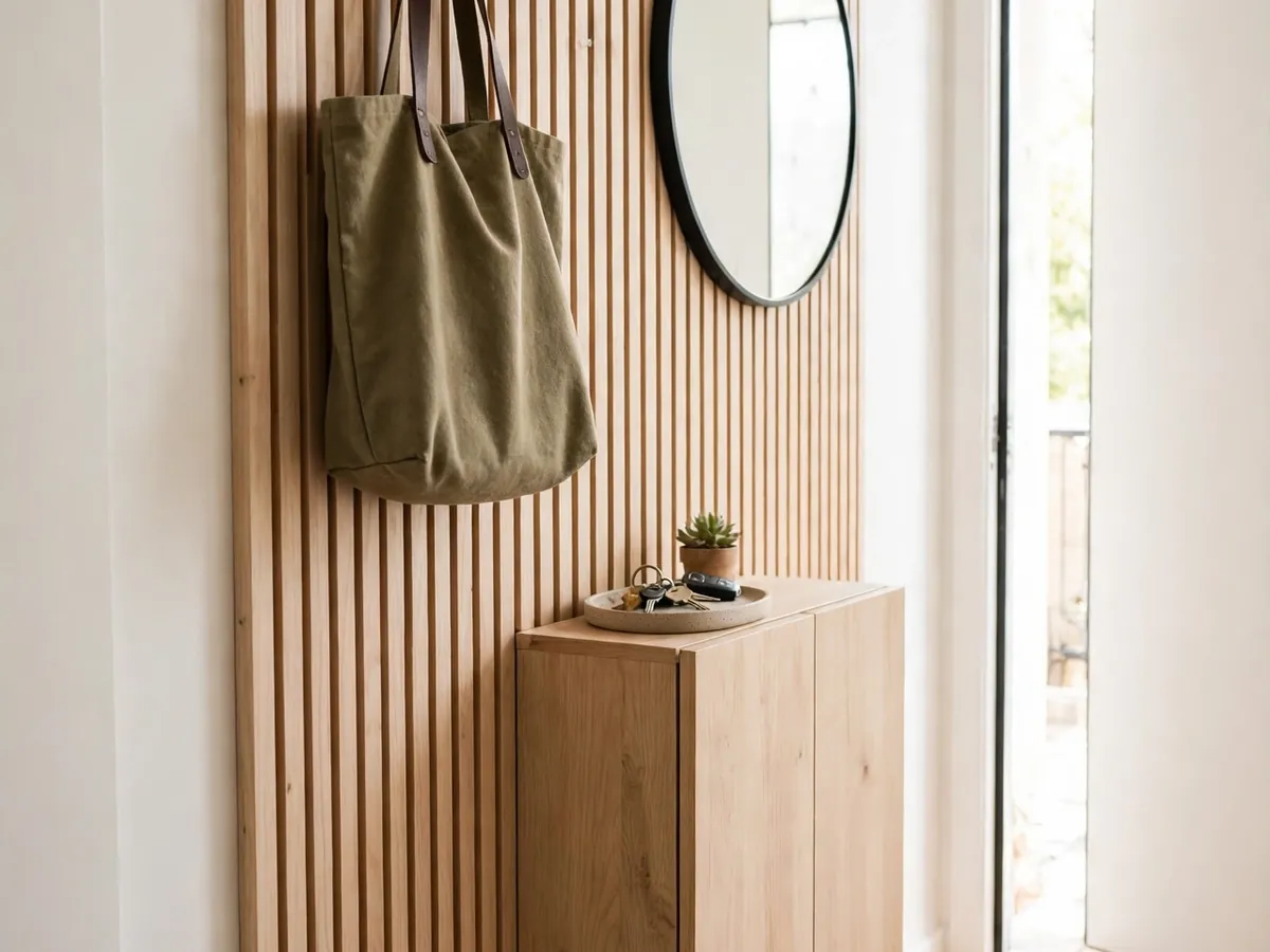 Compact entry drop zone with hooks, slim shoe cabinet, and key tray