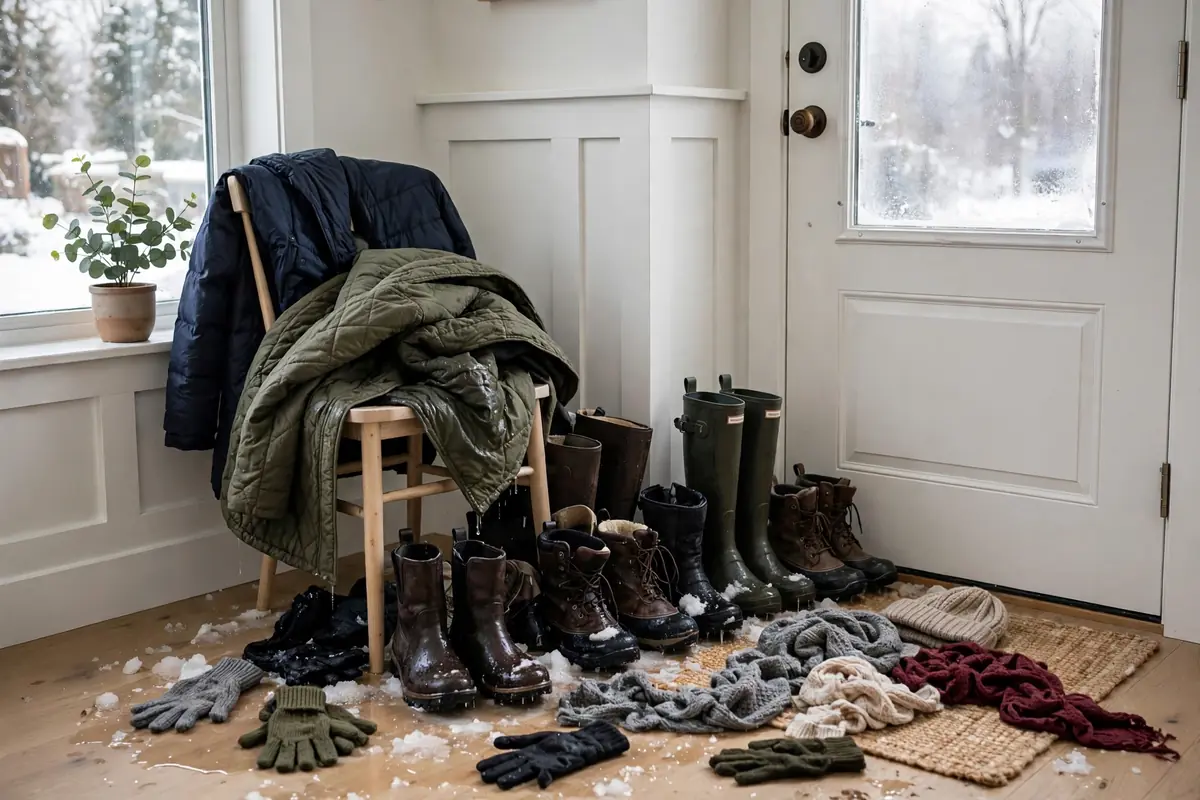 Messy winter entryway before organizing, with wet boots and coats piled by the door