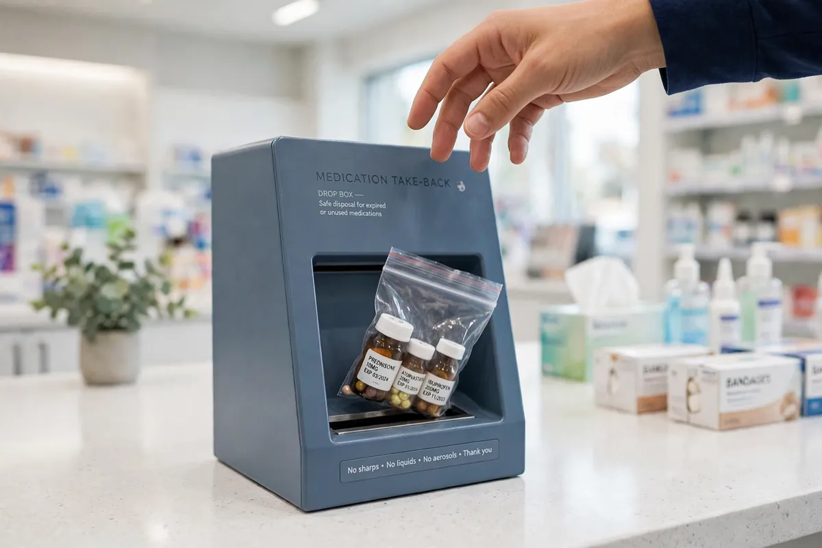 Hand dropping a bag of expired pill bottles into a pharmacy take-back drop box