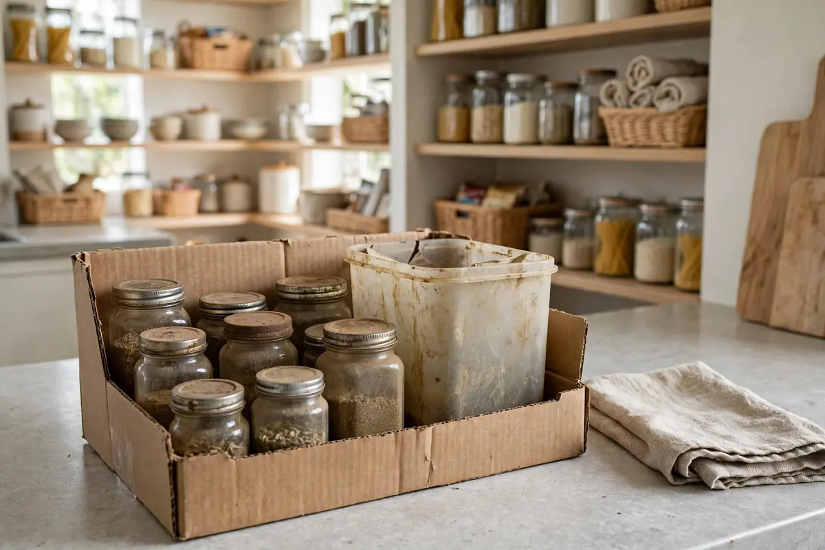 Box of expired pantry items and worn containers set aside to toss