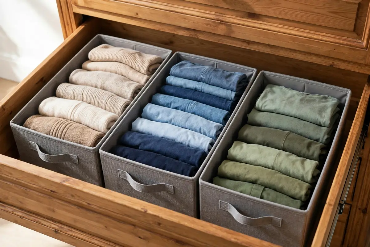 Fabric bins organizing folded clothes in a deep dresser drawer