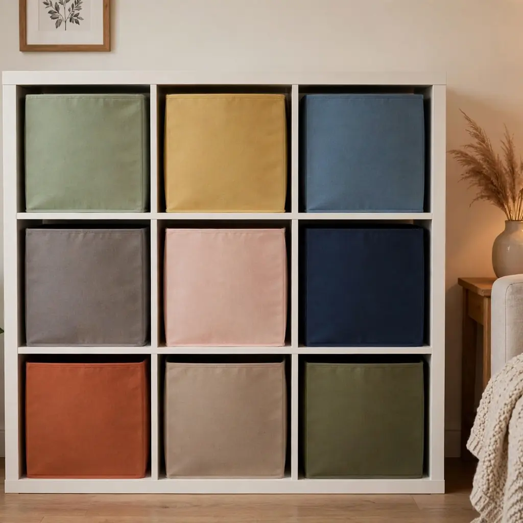 Colorful fabric cube storage bins placed inside a white cube shelving unit