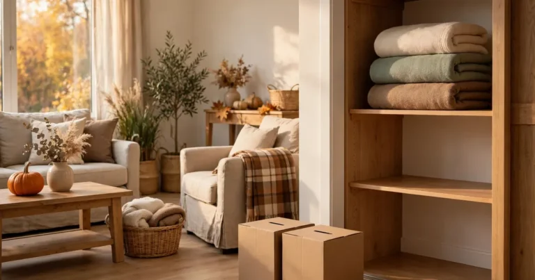 Fall decluttering checklist: tidy entryway with labeled donation boxes ready before the holidays