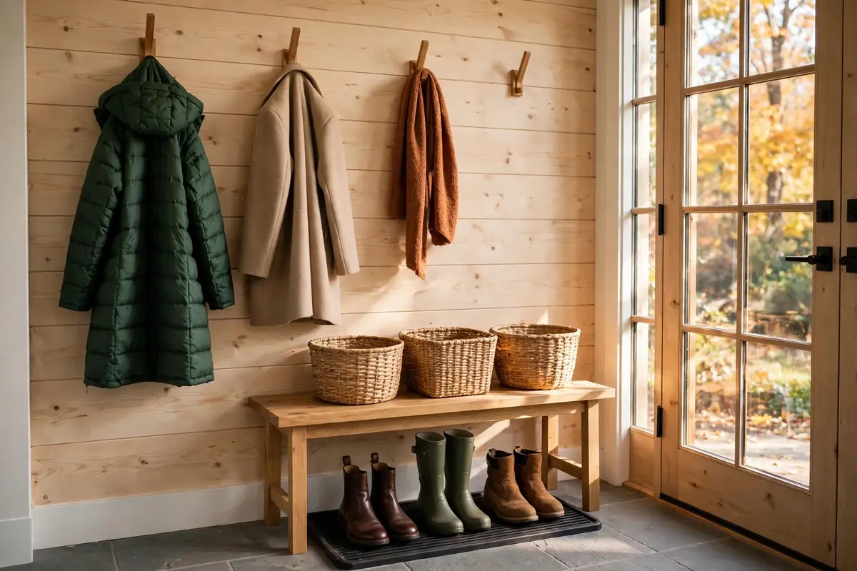 Entryway reset for fall with coats on hooks, boots on a tray, and baskets for each family member
