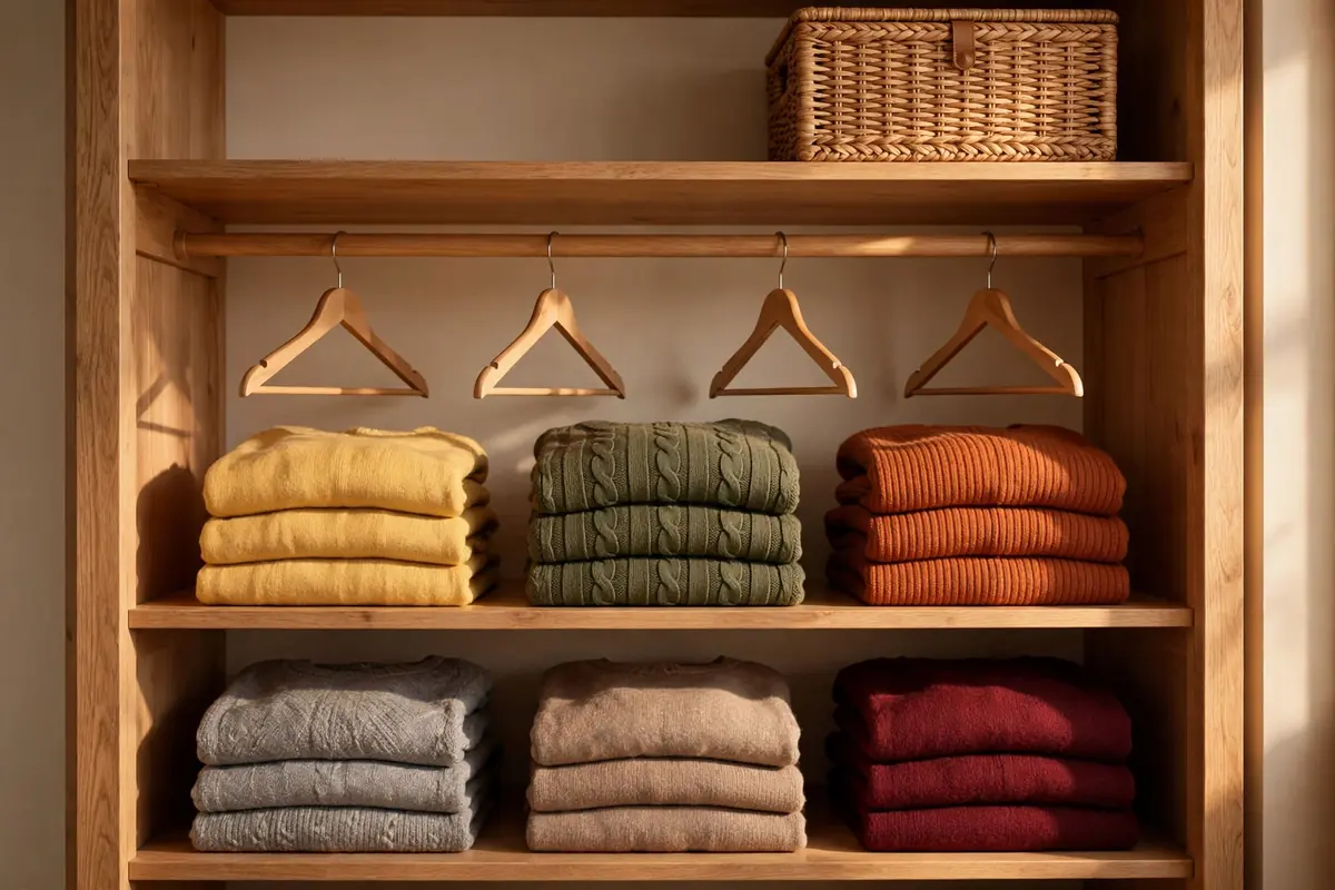 Closet after a fall wardrobe swap with sweaters folded and summer clothes packed away