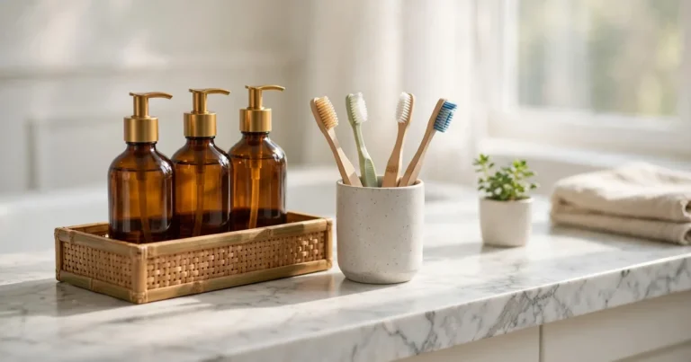 Bathroom storage ideas for toiletries: organized counter with a bamboo tray holding pump bottles and a toothbrush cup