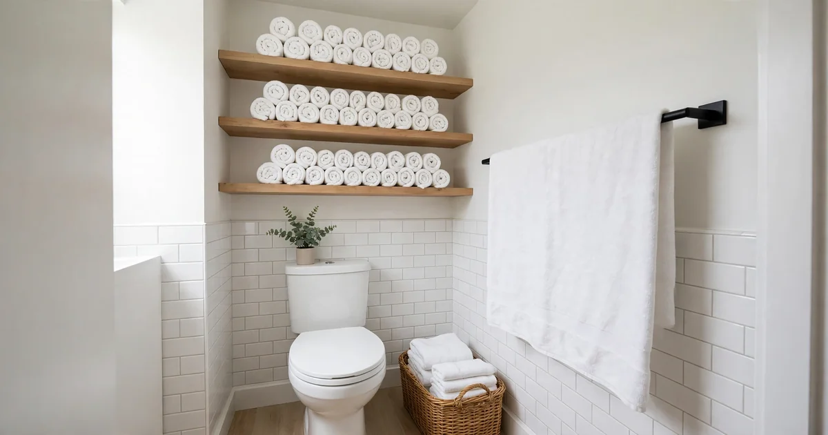 Bathroom storage ideas for towels without a linen closet: rolled towels on shelves above the toilet and a towel on a wall bar