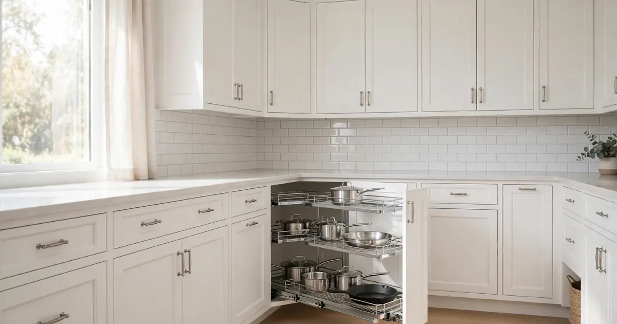Blind corner kitchen cabinet ideas: magic corner pull-out bringing trays out into the light