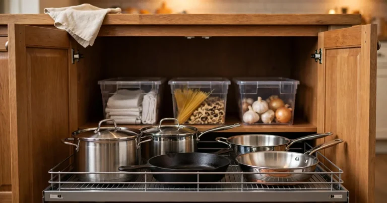How to organize deep kitchen cabinets: organized deep cabinet with a pull-out shelf holding pots and clear bins at the back