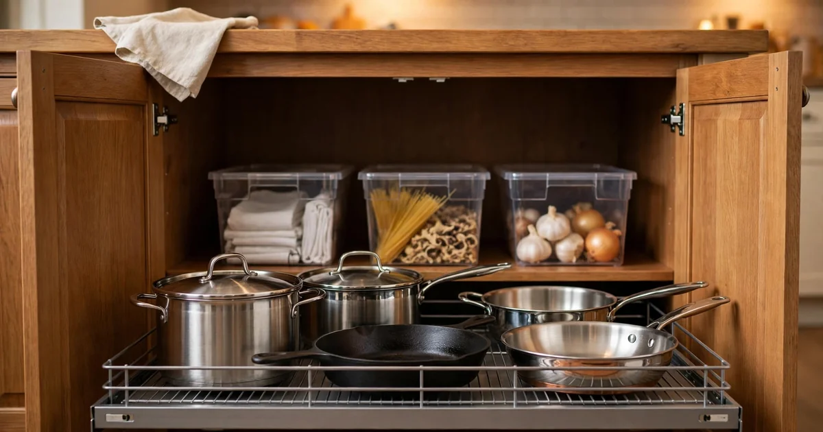 How to organize deep kitchen cabinets: organized deep cabinet with a pull-out shelf holding pots and clear bins at the back