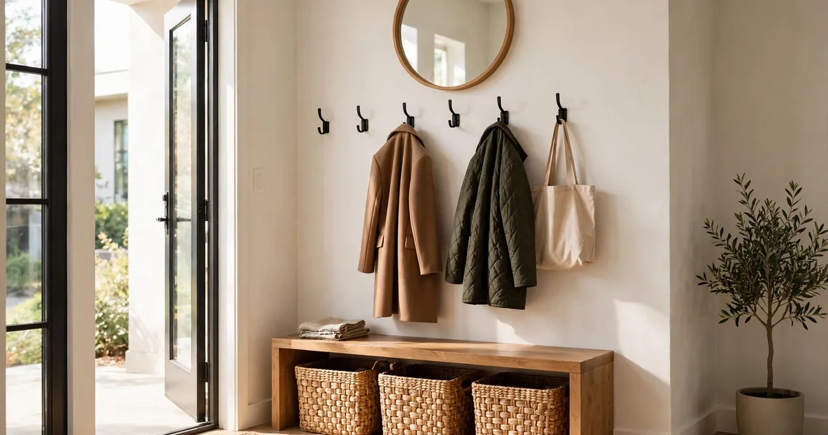 Entryway storage ideas for small spaces: slim bench with hooks and baskets