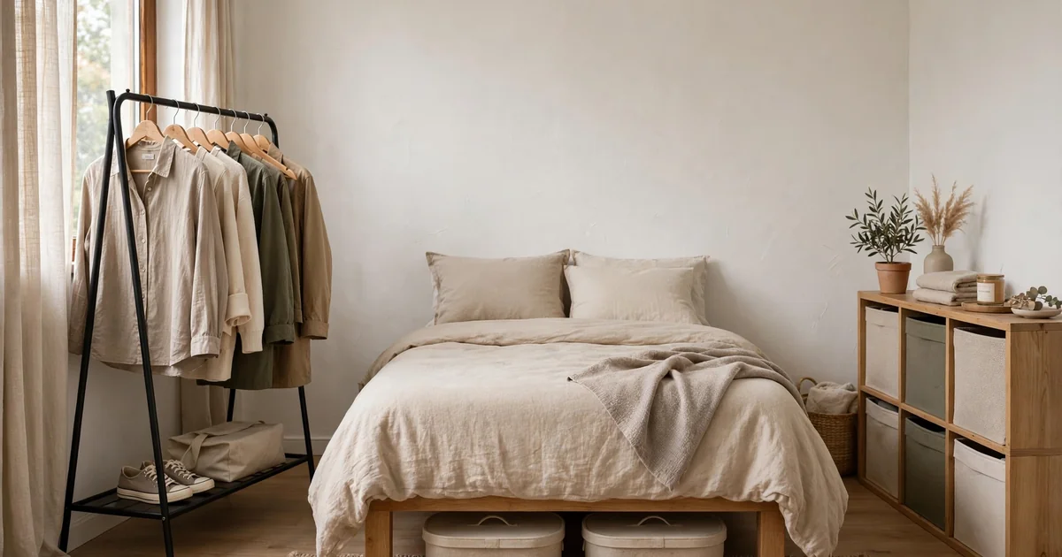 Organizing a bedroom without a closet: garment rack, cube shelf, and under-bed storage in a tidy small bedroom