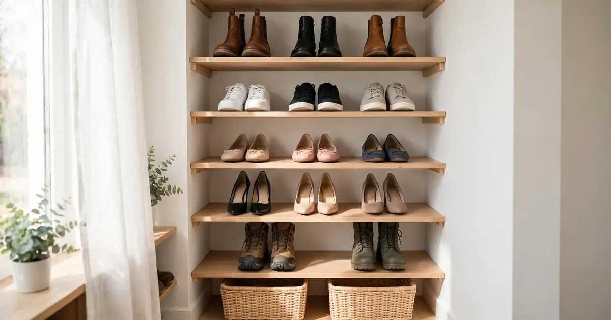 Shoe storage for small closets: bright organized closet with shoes arranged in pairs on wooden shelves