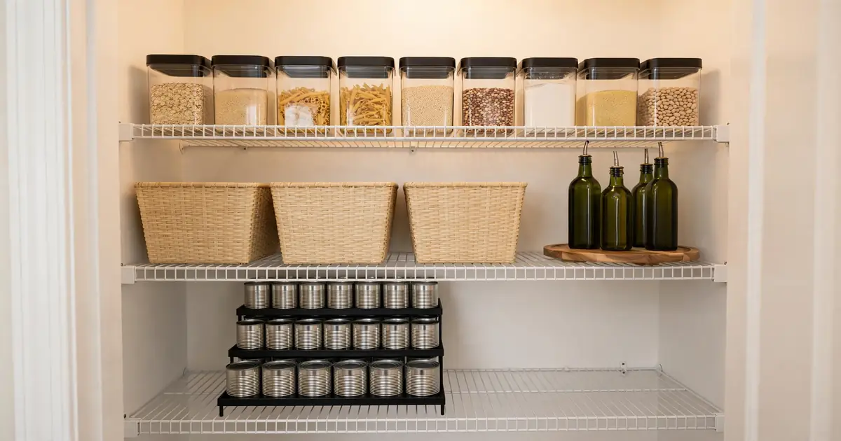 A small, neatly organized pantry with clear containers, labeled bins, and a lazy Susan on deep shelves