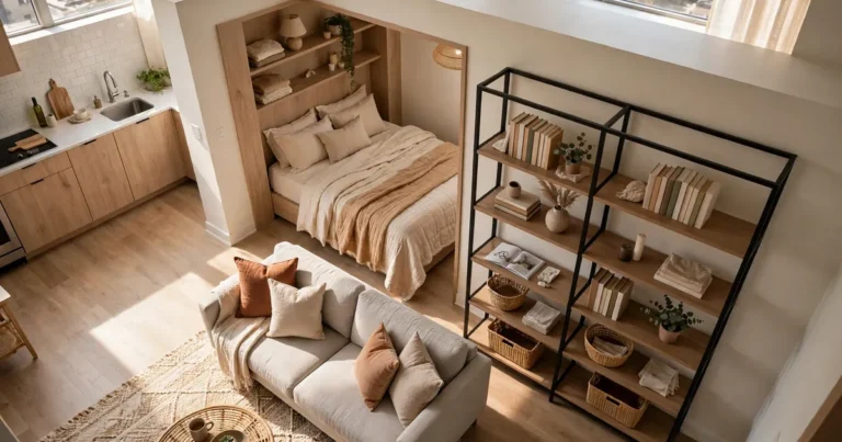 Studio apartment storage ideas: one room divided into six storage zones with a rug, bookcase divider, and storage bed