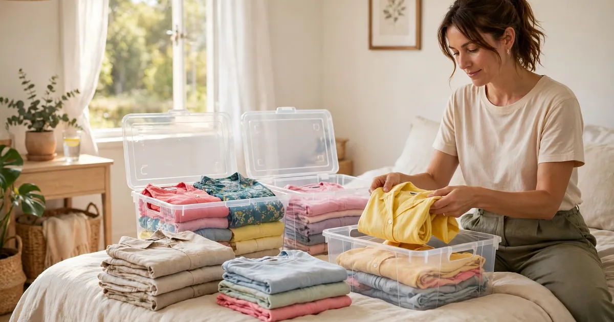 How to store summer clothes for winter: folded summer clothes packed into clear storage bins