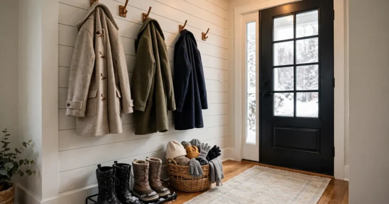 How to organize entryway for winter with coats on hooks, boots on a tray, and a basket of hats and gloves by the front door
