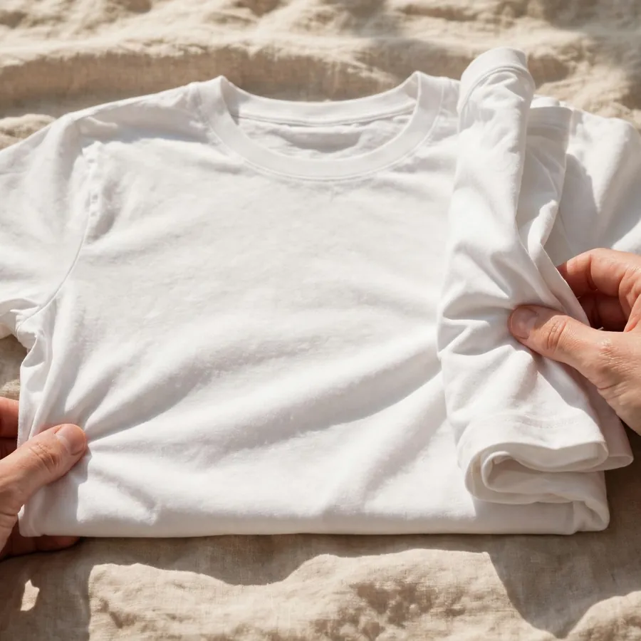 T-shirt laid flat, sides folded into thirds for file folding
