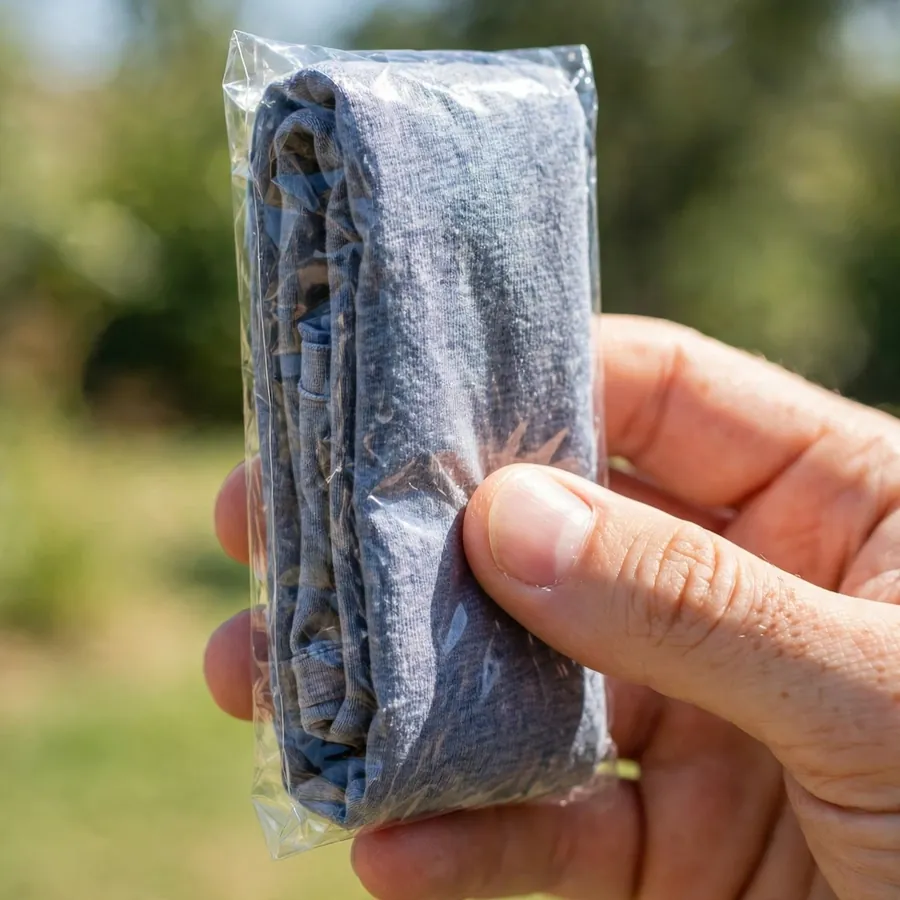 Compact folded shirt packet standing upright