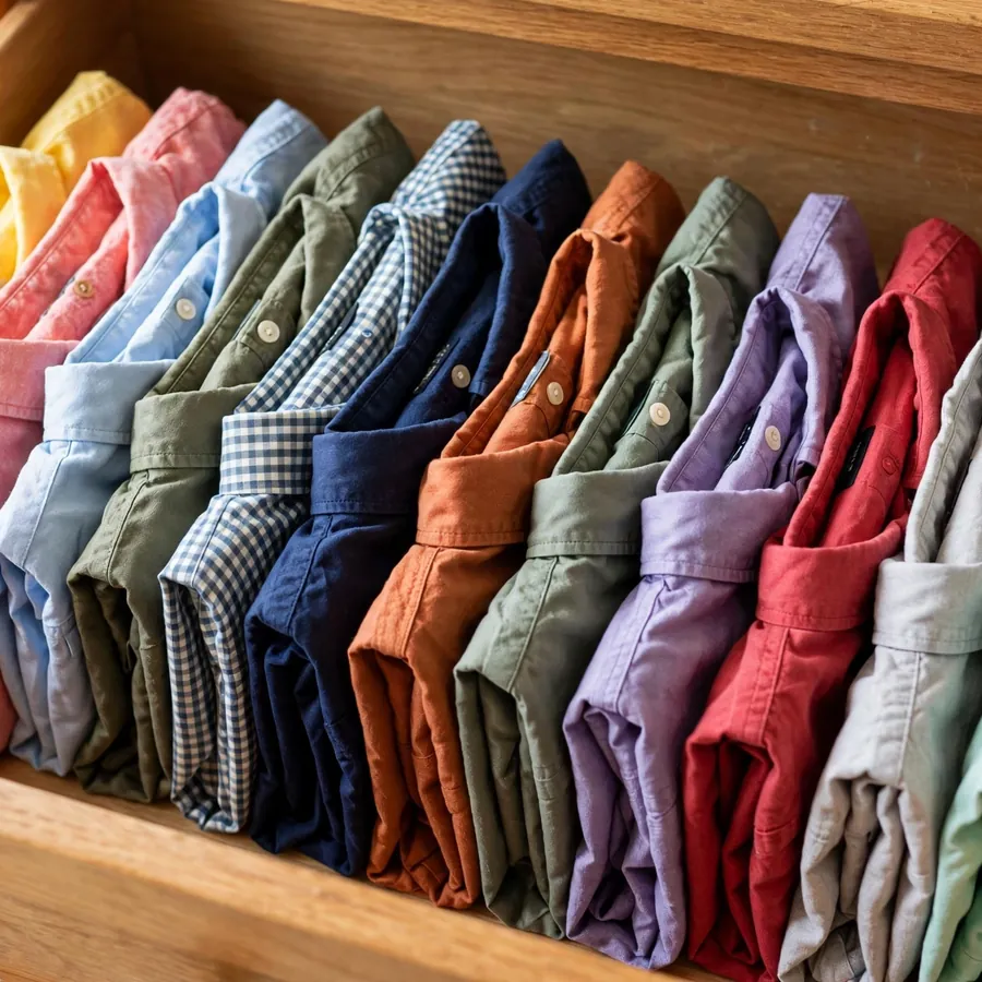 Dresser drawer with file-folded shirts standing in neat rows