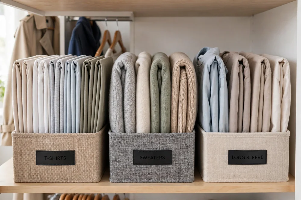 Clothes file-folded and standing upright like files inside fabric storage bins