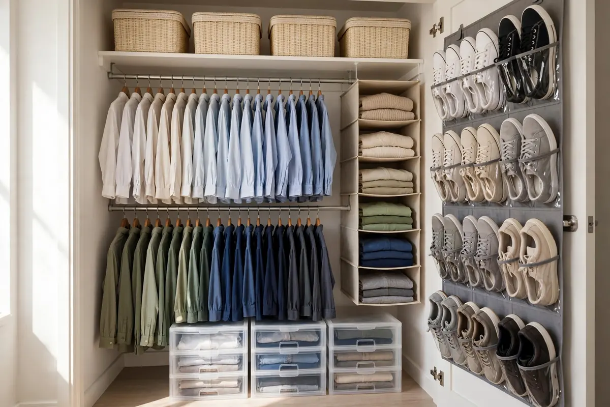 Finished organized small closet with double rods, hanging organizer, drawers, and bins.