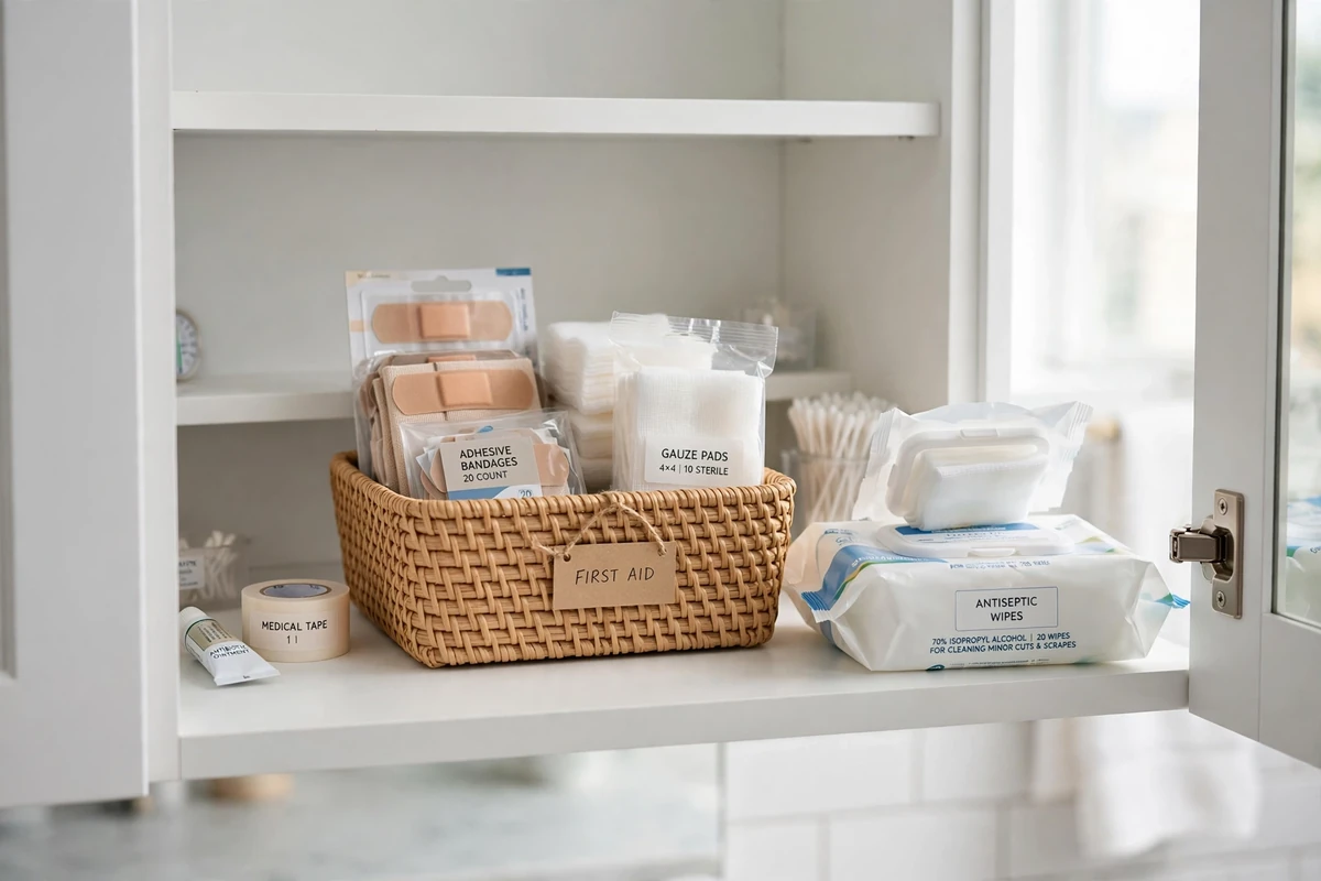 Labeled first aid bin with bandages and antiseptic supplies on a cabinet shelf