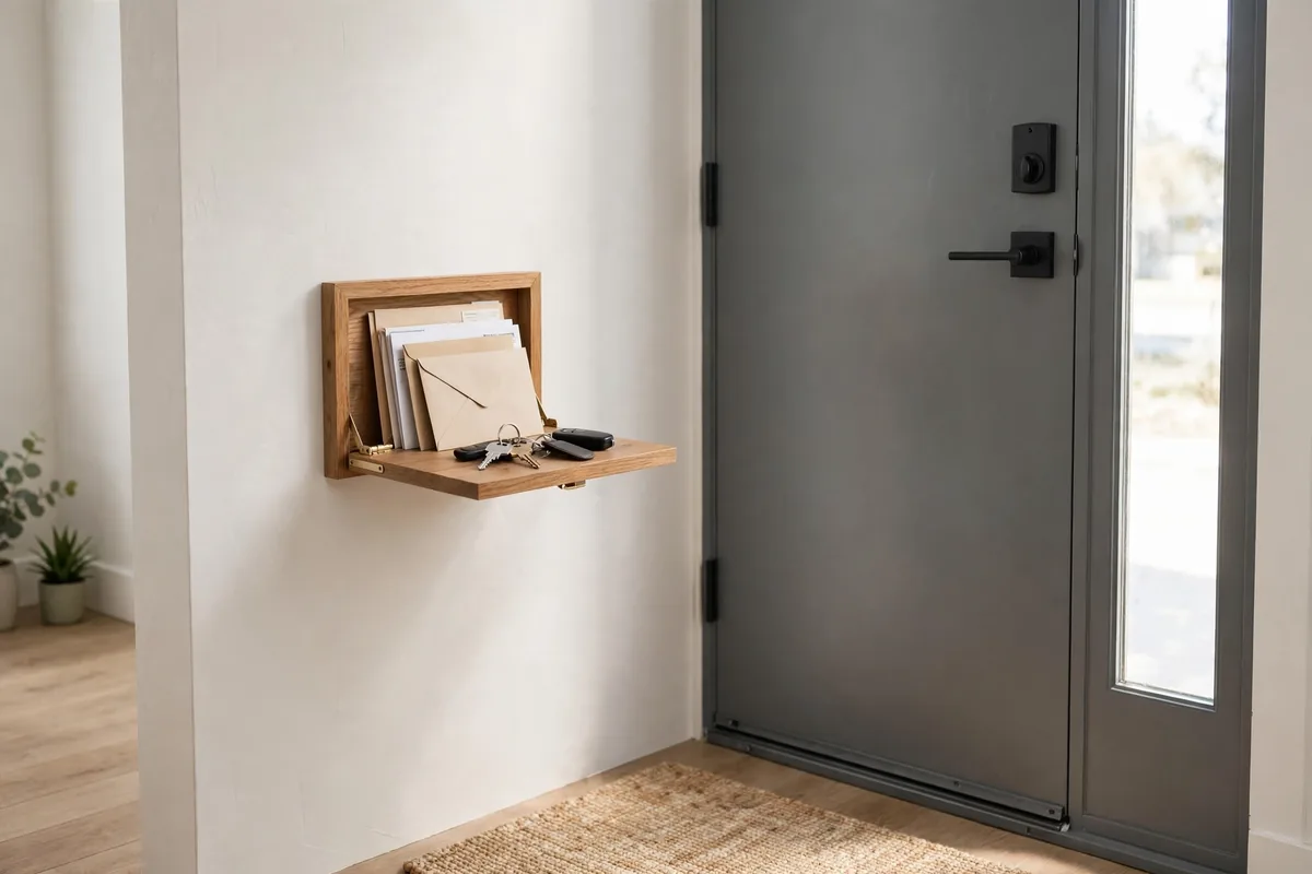 Flip-down wall shelf used as a landing pad for keys and mail