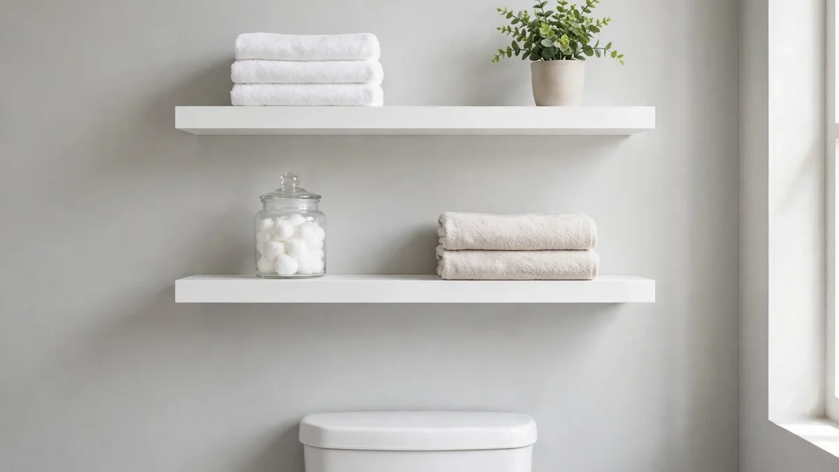 Two white floating shelves above a toilet holding folded towels and a small plant