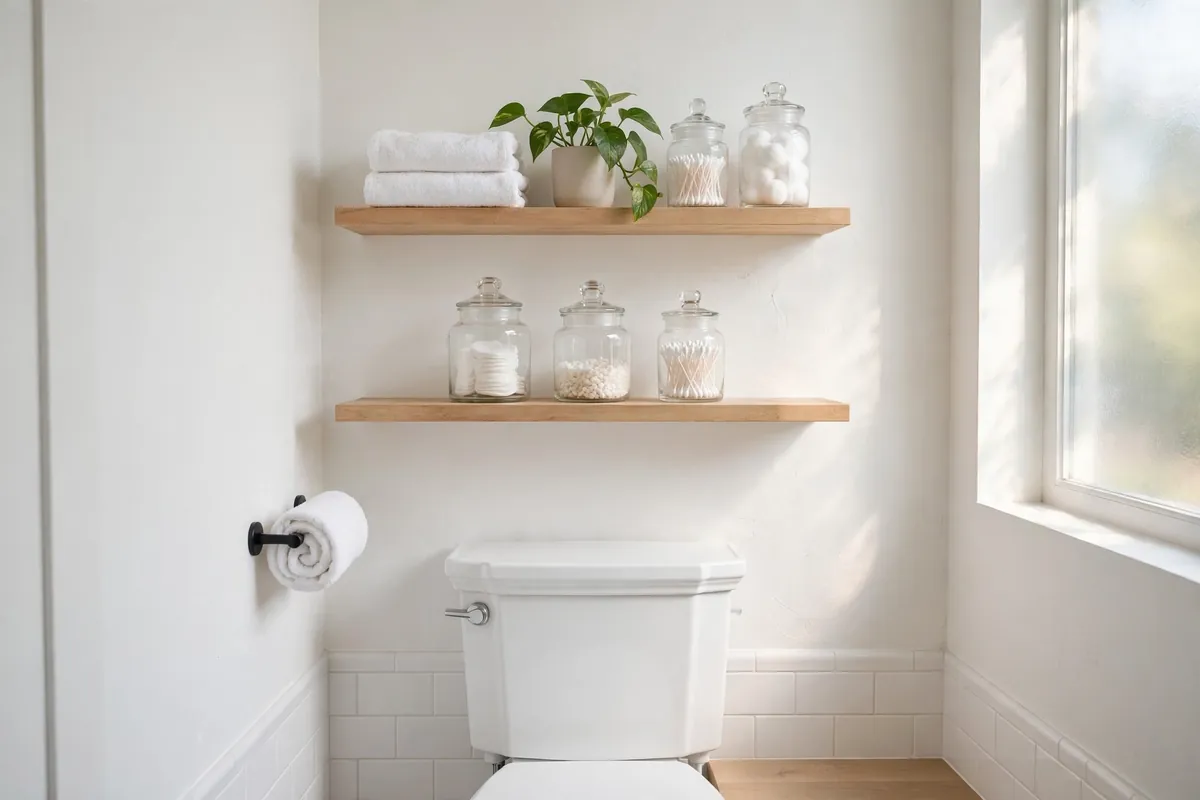 Bathroom shelf ideas: two white floating shelves above a toilet holding rolled towels, a plant, and glass jars