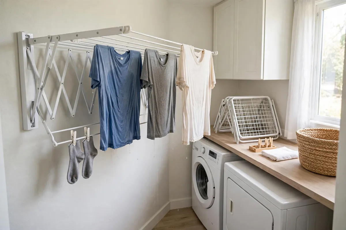 Wall-mounted fold-down drying rack in a small laundry room holding damp shirts