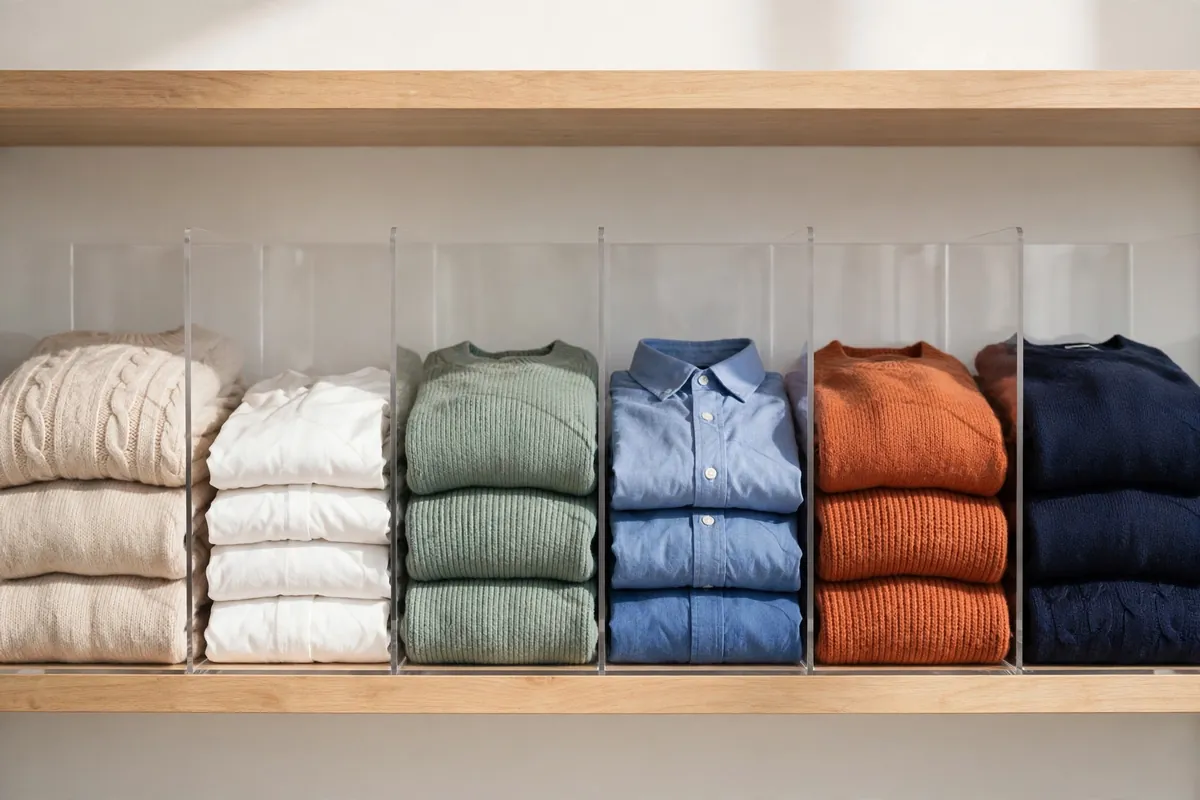 Neatly folded clothes held upright by shelf dividers.