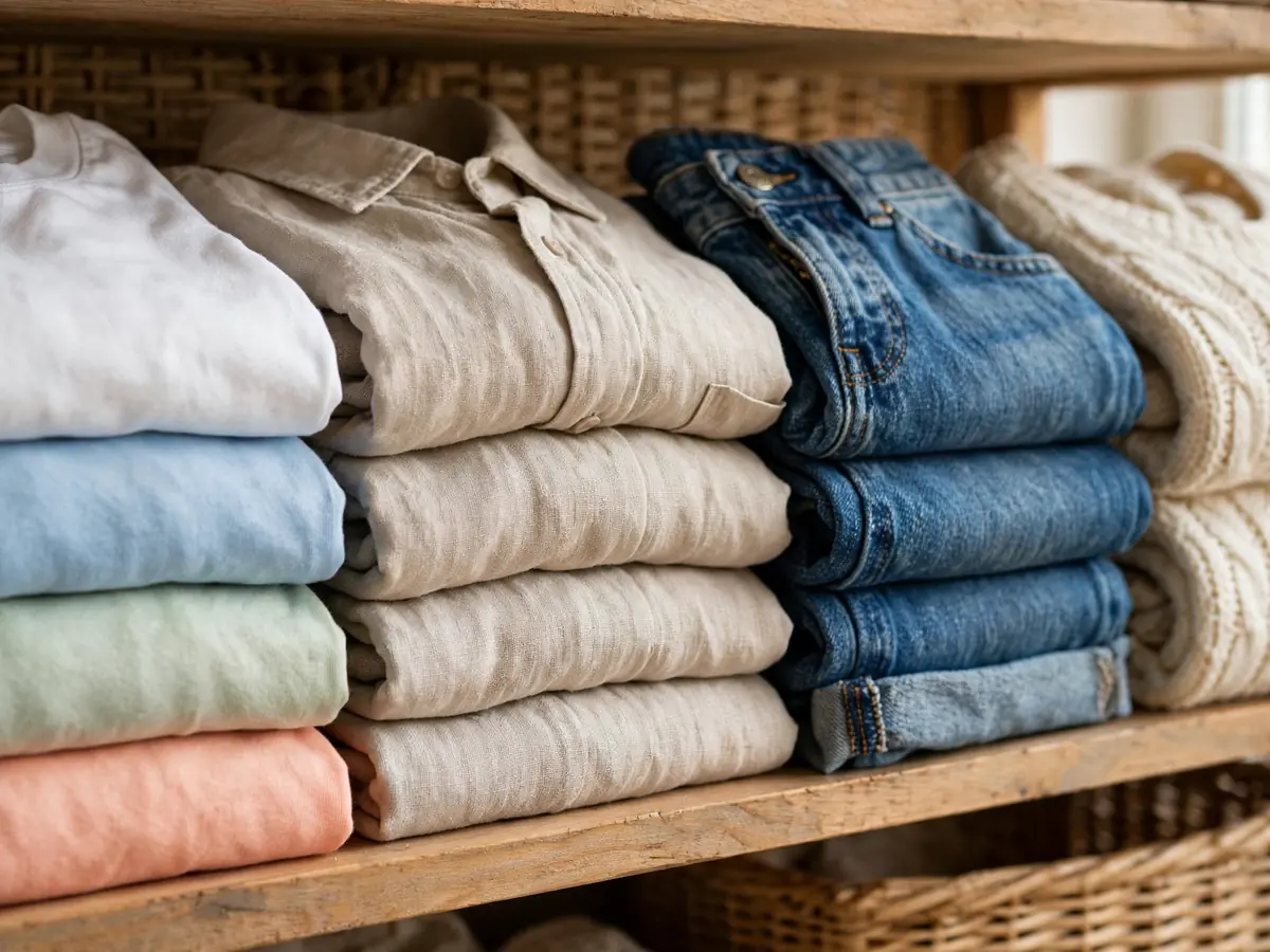 Folded summer clothes sorted by fabric: cotton, linen, denim, and knits