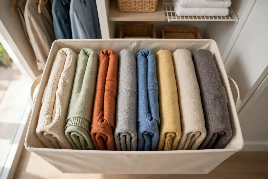 Folded sweaters filed upright inside an open fabric bin so each fold is visible from above.