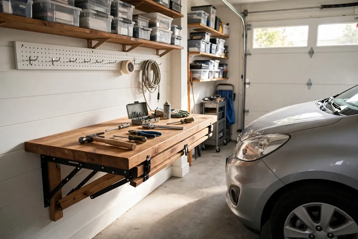 Wall-mounted folding workbench in a small garage beside a parked car.