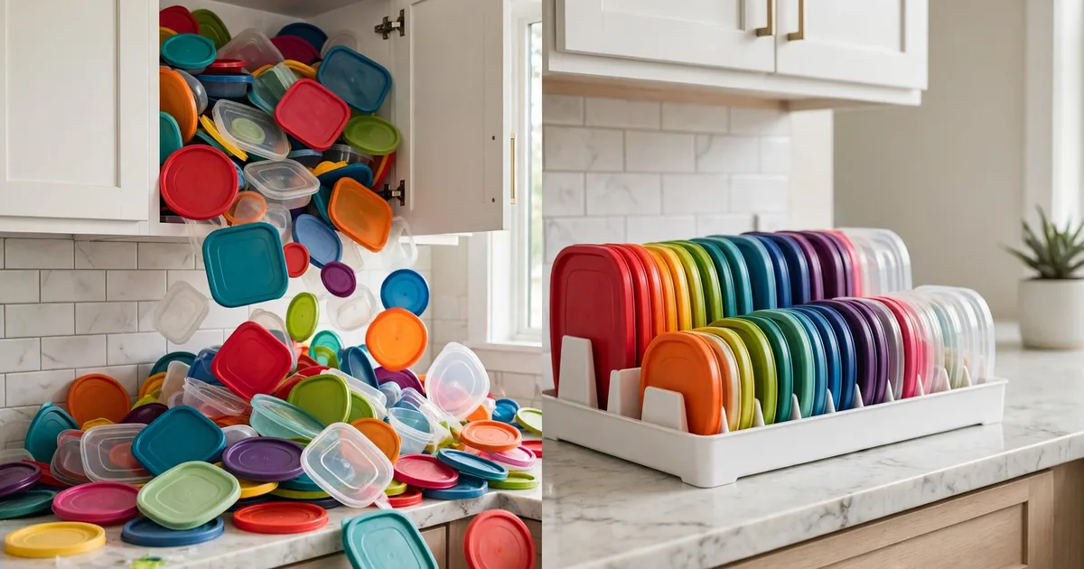 Organized food container lid storage: lids filed vertically in a kitchen drawer organizer