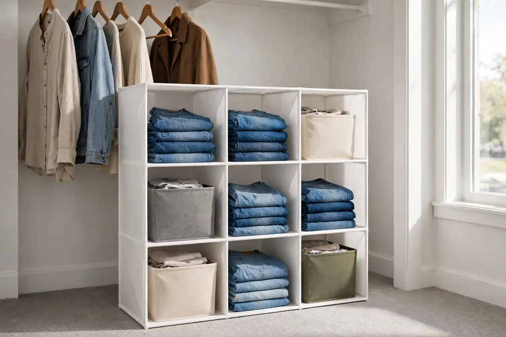 A white freestanding fabric cube storage unit on a closet floor beneath hanging clothes, with cubes holding folded jeans and bins.