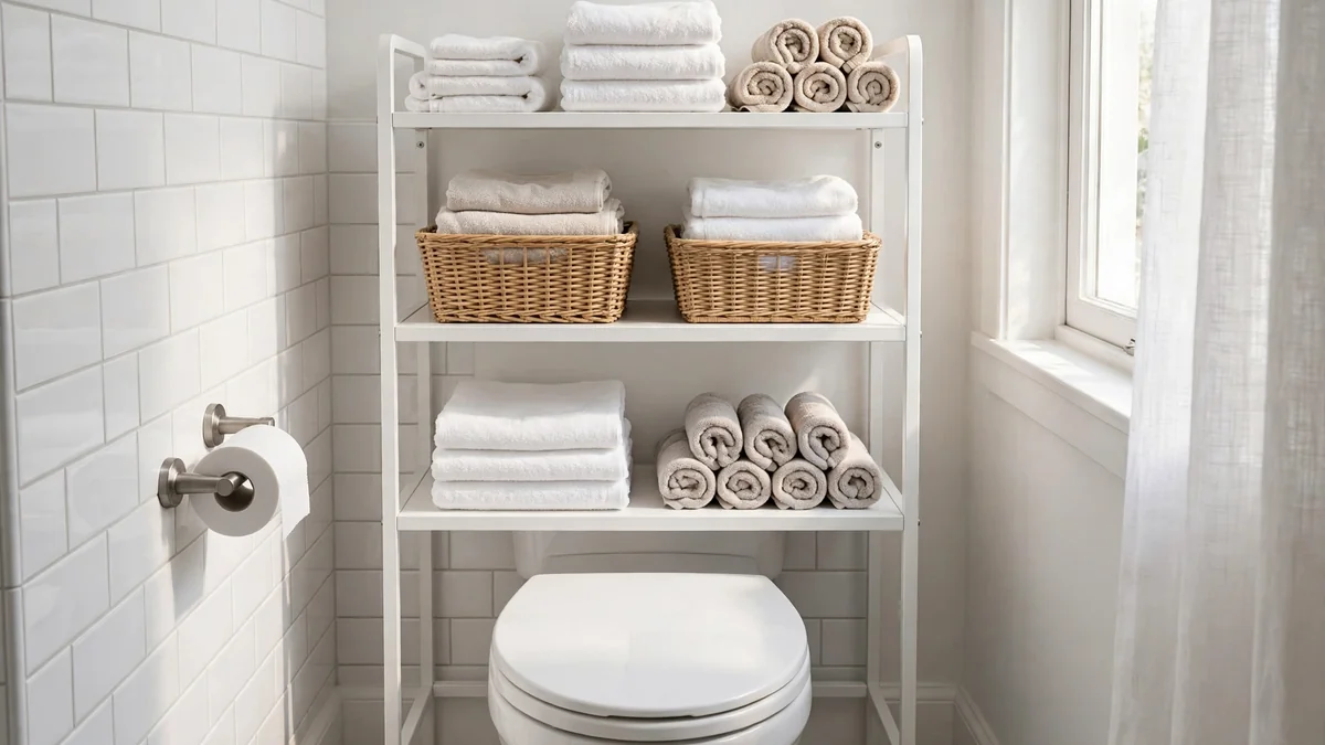 Freestanding over toilet spacesaver shelf styled with towels and storage baskets