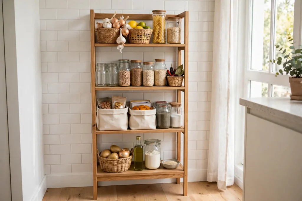 Narrow freestanding shelf unit used as a pantry against a kitchen wall