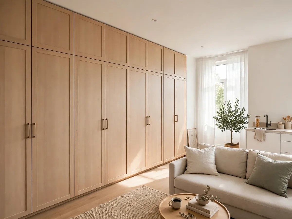 Full-height wardrobe wall adding closed storage to a studio apartment