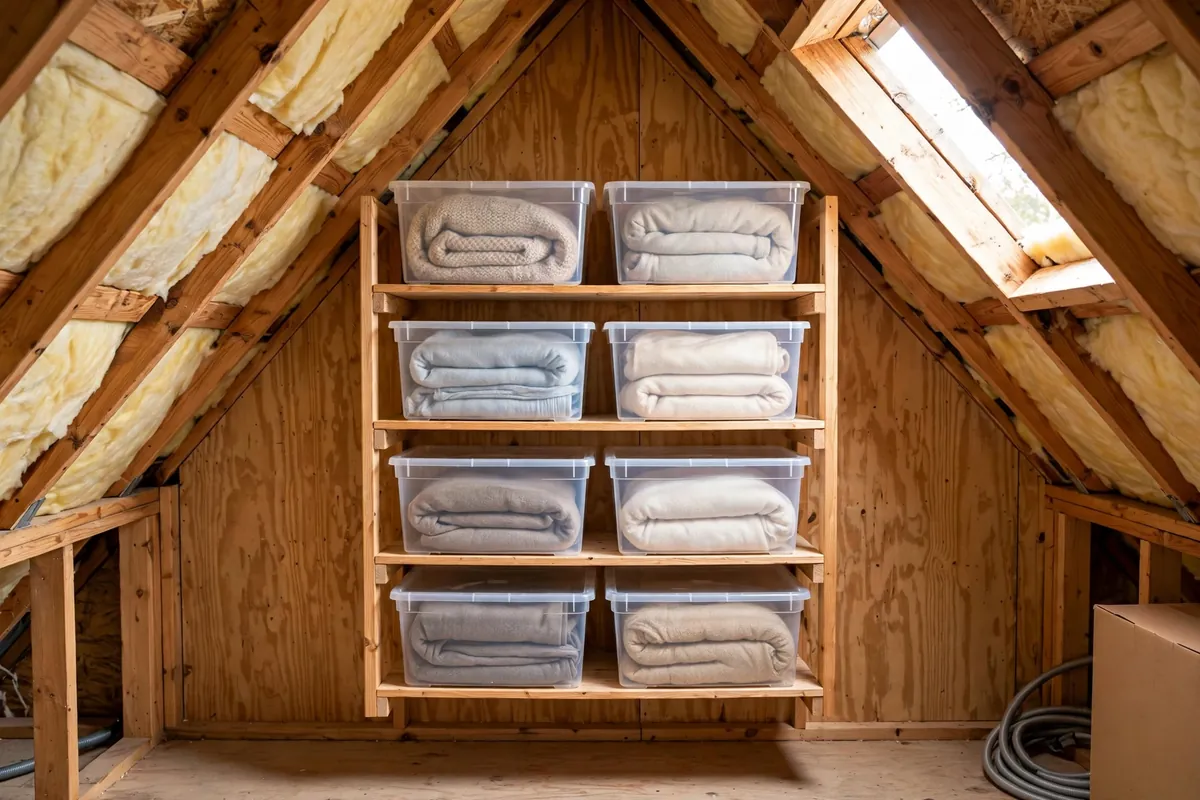 Wooden shelving on the flat gable end wall of an attic holding bins and folded blankets.