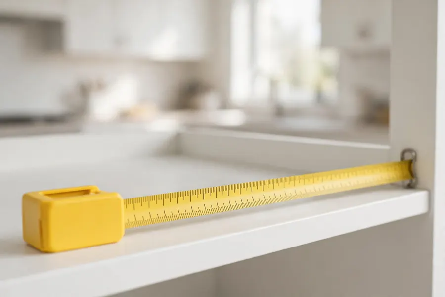 Yellow measuring tape extended across an empty white pantry shelf measuring depth