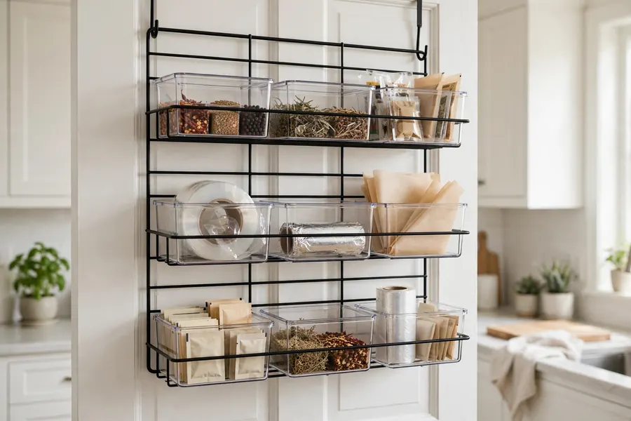Over-the-door wire rack on a white pantry door holding small clear bins of spices and packets