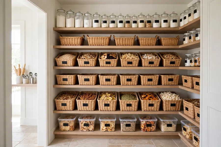 Organized walk-in pantry with zoned shelves for baking, breakfast, and snacks in labeled bins