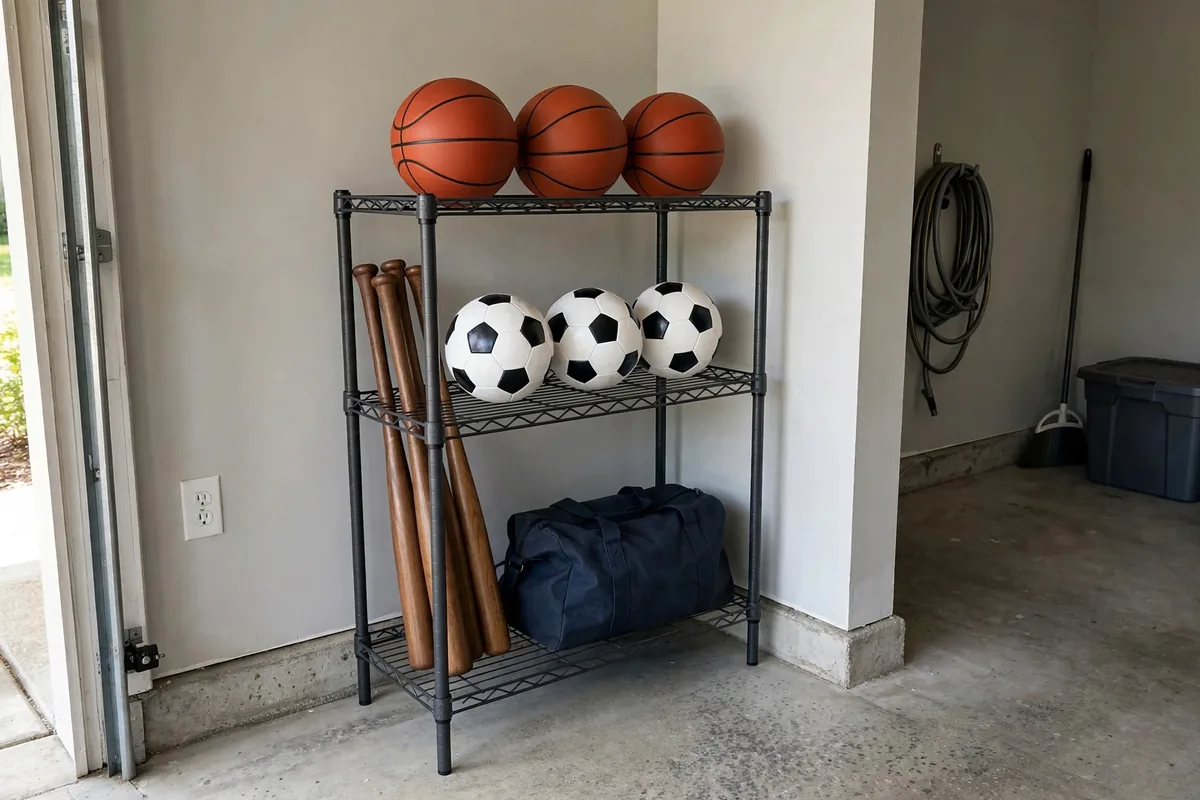 Freestanding sports rack in a garage corner holding balls, bats, and a duffel bag