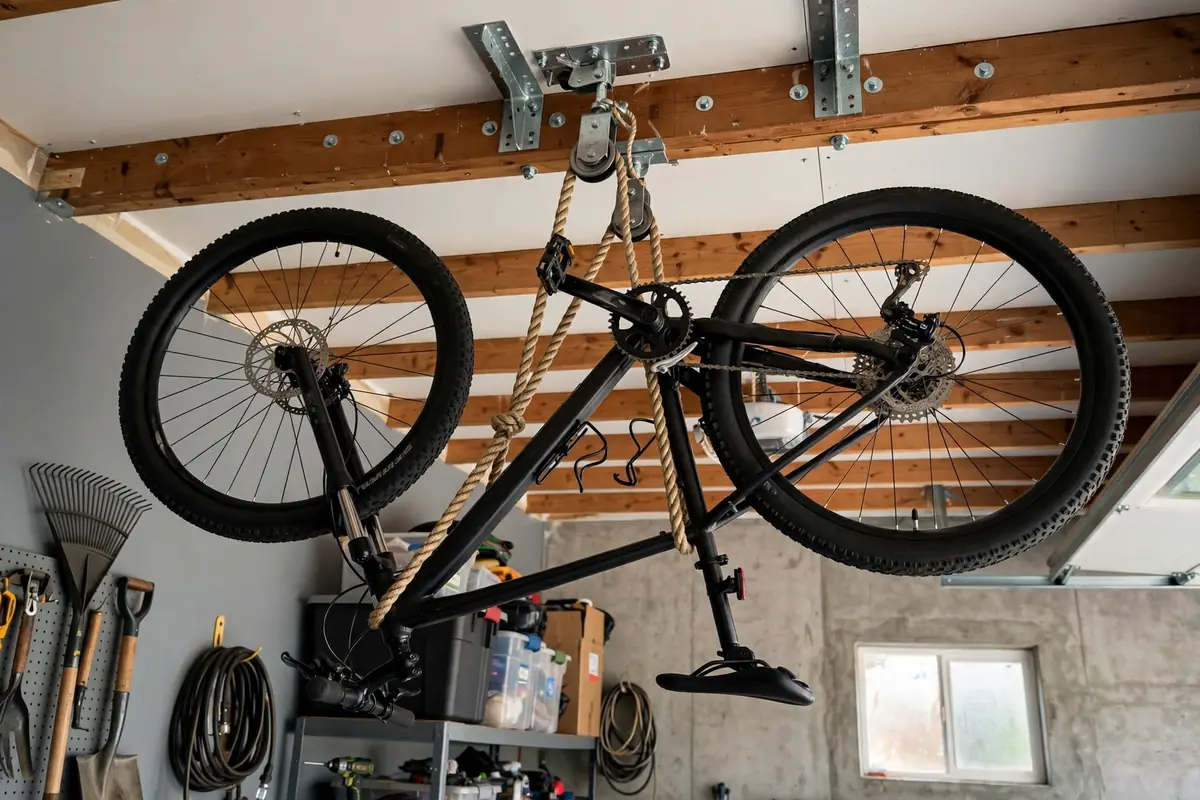 Bike hoist pulley system holding a bicycle flat against a garage ceiling