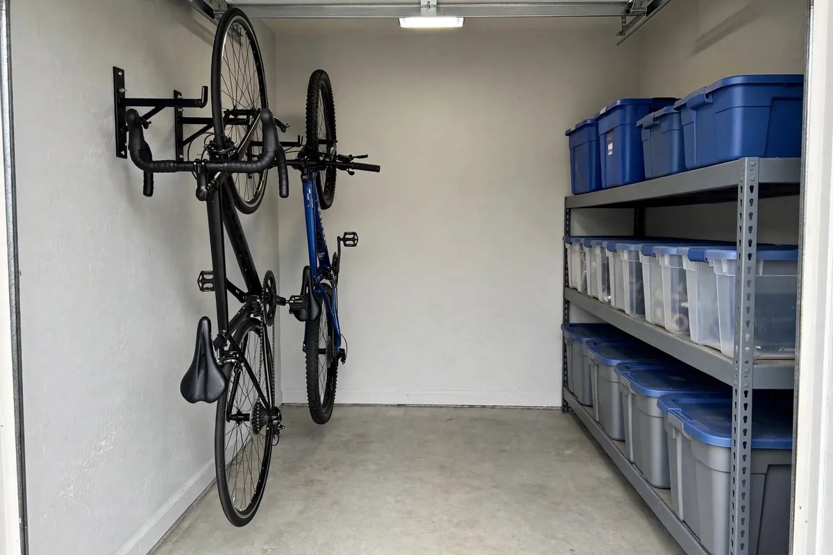 Two bikes stored vertically on wall hooks in a small garage with bins along the wall