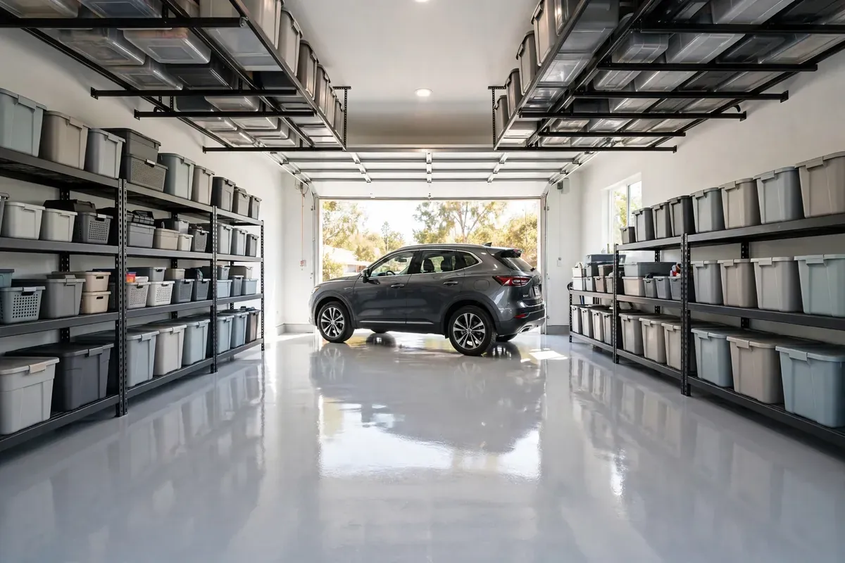 Small garage with a clear epoxy floor, car parked, everything stored on walls and ceiling.