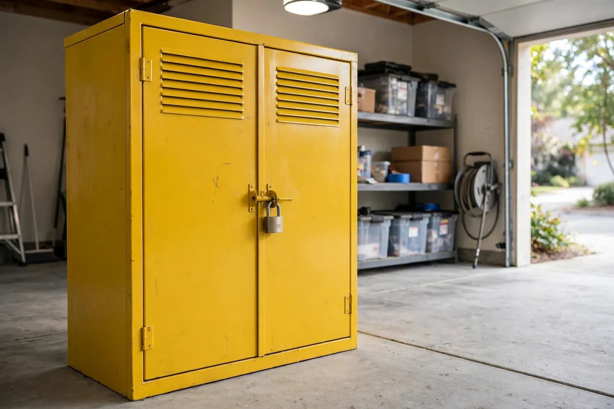 Yellow safety cabinet in a garage storing paint cans and solvents behind locked doors
